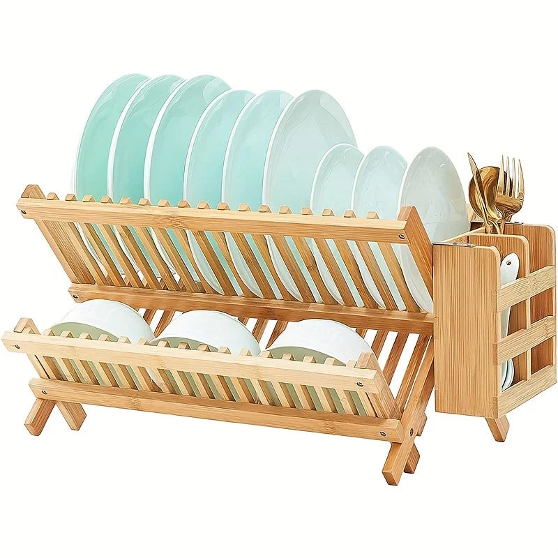 1 Pc Foldable Bamboo Tableware Drain Rack 2 Layer Large Countertop Drying Rack with Bowl Cup and Cutlery Holders Kitchen