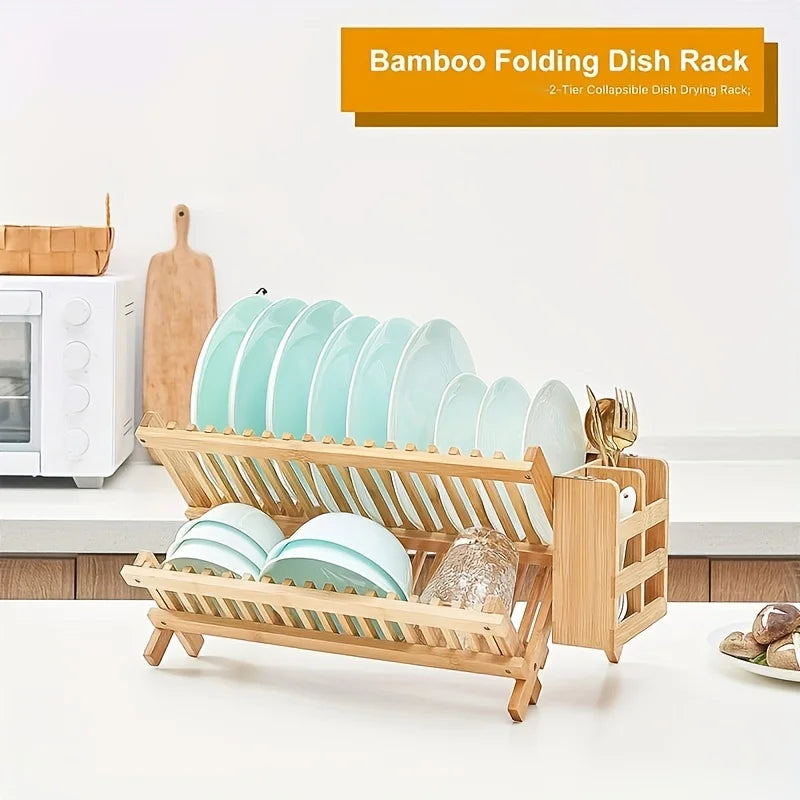 1 Pc Foldable Bamboo Tableware Drain Rack 2 Layer Large Countertop Drying Rack with Bowl Cup and Cutlery Holders Kitchen