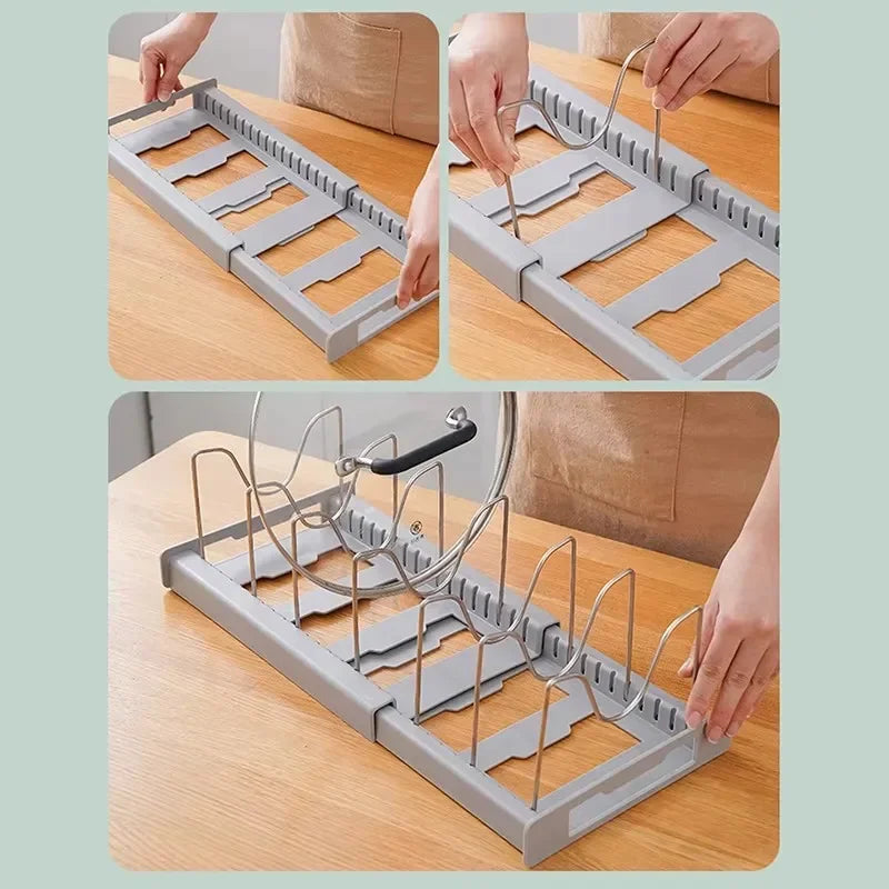 Expandable Pans Organizer Rack 7 Adjustable Compartments Dish Storage Rack Pot Lid Organizer Pots Holder Kitchen Utensils Rack
