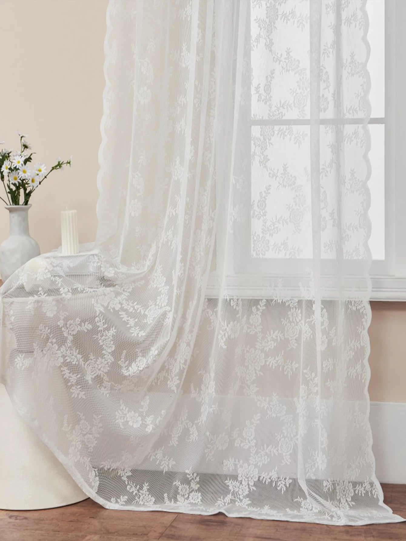 1PC Ramadan White Lace Small Floral Curtains, Sheer Plain Decorative Curtains Small Door Curtain Rod Pocket, Festive Curtain