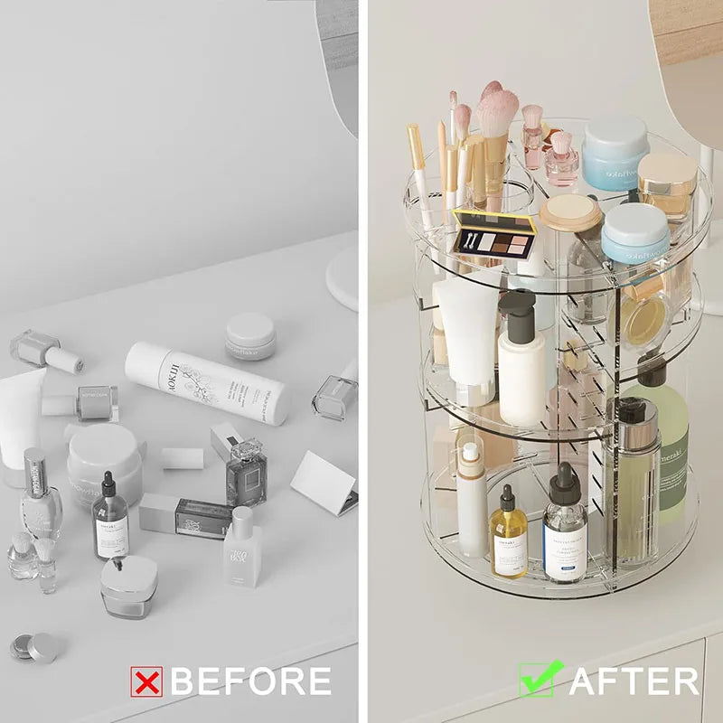 Rotating Makeup Organizer, Cosmetic Display Case with Brush Holder Perfume Tray, Storage Carousel for Vanity Bathroom Countertop