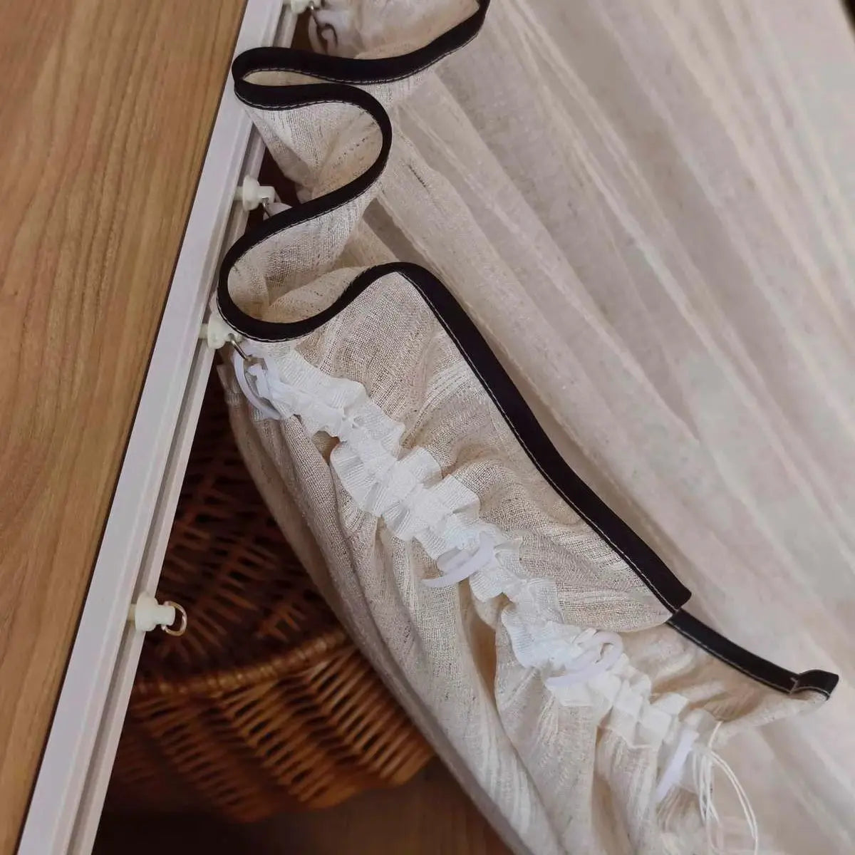 Japanese Beige Stripe Sheer Curtains with Black Edging Short Half Voile Curtain for Kitchen Privacy Partition Home Decoration