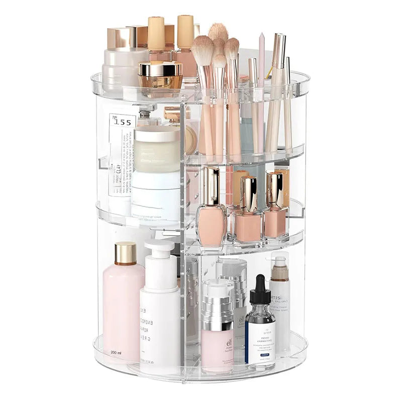Rotating Makeup Organizer, Cosmetic Display Case with Brush Holder Perfume Tray, Storage Carousel for Vanity Bathroom Countertop